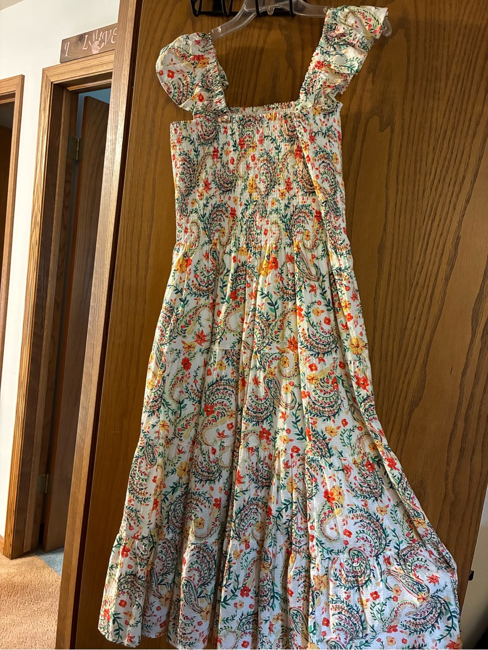 Lands' End Cream Floral Paisley Smocked Midi Dress